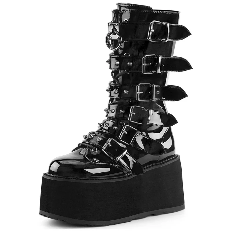 

Women's Shoes Big Size Gothic Motorcycle Boots Zip High Heel Punk Rivets Chunky Platform Mid-Calf Women Boots Ladies 2022 New