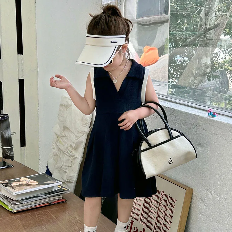 

Новинка лета 2023, детская одежда, корейский стиль, для девочек, с воротником-поло, повседневная майка, платье, плиссированное платье 2-43