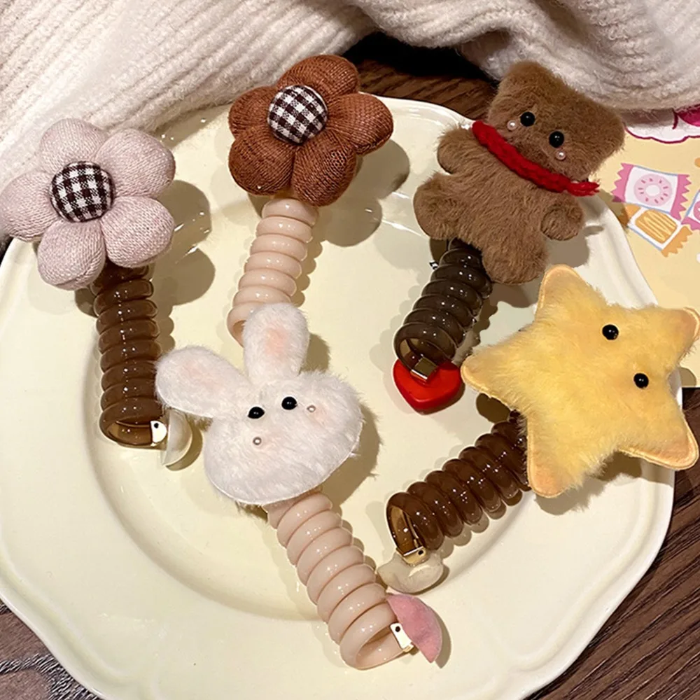 

Plush Rabbit Bear Telephone Line Hair Bands for Girls Sweet Flower Star Animal Ponytail Spiral Coil Hair Decoration Styling Tool