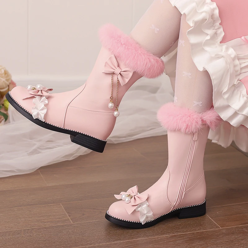 Бесплатная доставка зима 2023 милые стильные меховые сапоги до середины икры с