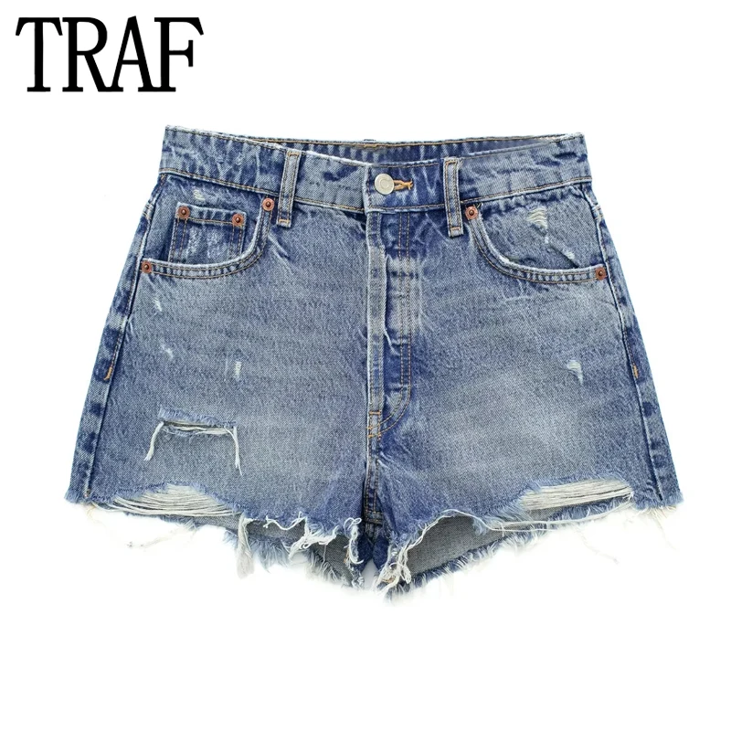 

TRAF Women's Jeans Shorts Ripped Summer Denim Shorts For Women 2023 Faded High Waist Baggy Shorts Woman Streetwear Short Pants