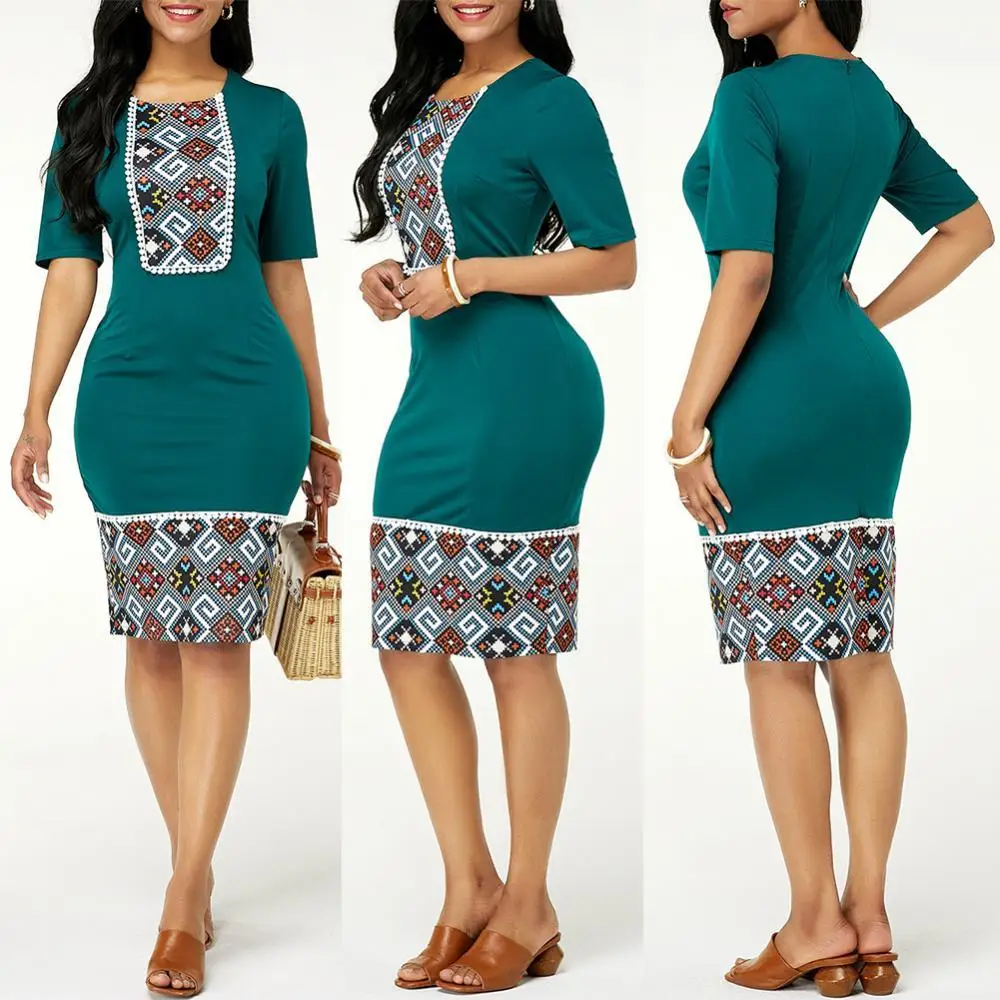 

Dress Women Bodycon Vintage Short Sleeve O Neck Print Patchwork Knee-length Dress