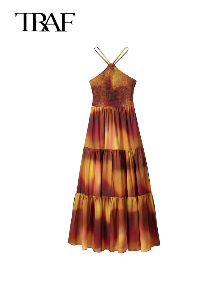 

Платье-макси летнее Плиссированное с лямкой на шее и открытой спиной