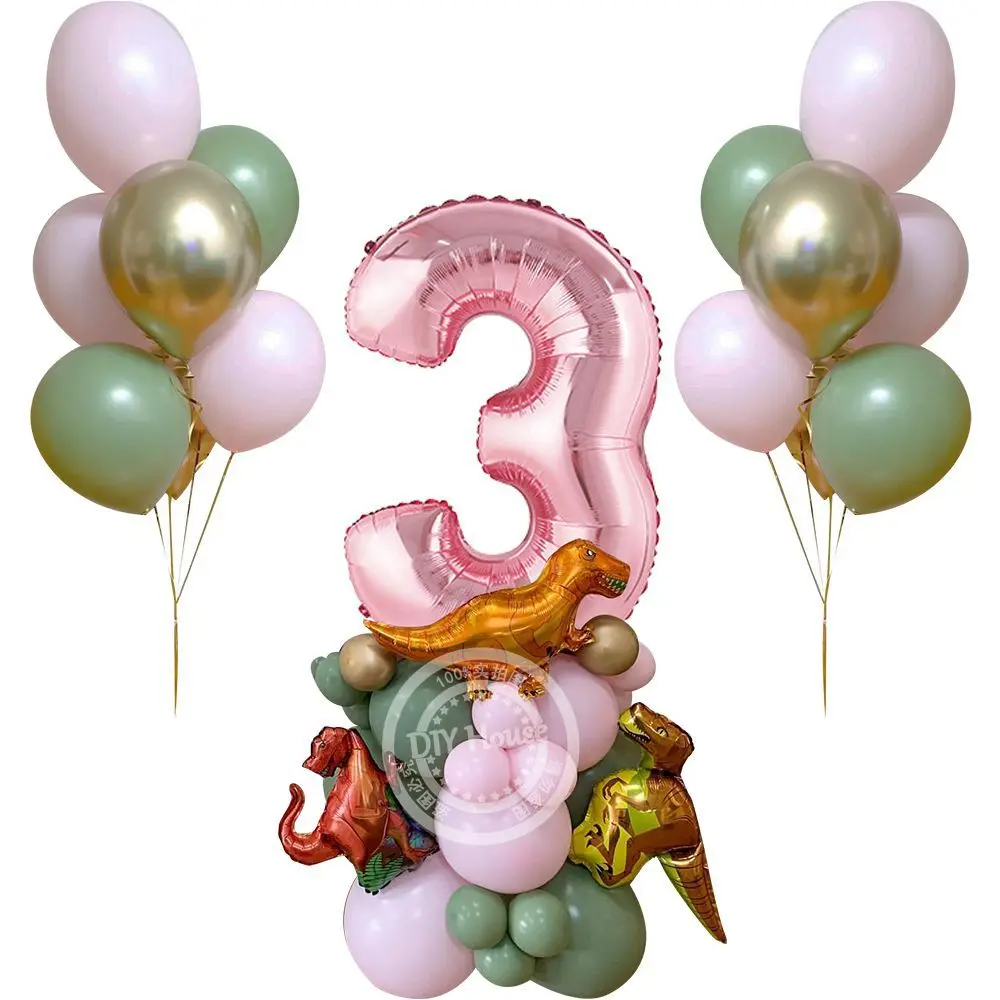 

30pcs Pink Green Carton Dinosaur Balloon Tower with 32inch Number Balloon for Girl's Dinosaur Themed Birthday Party Decorations