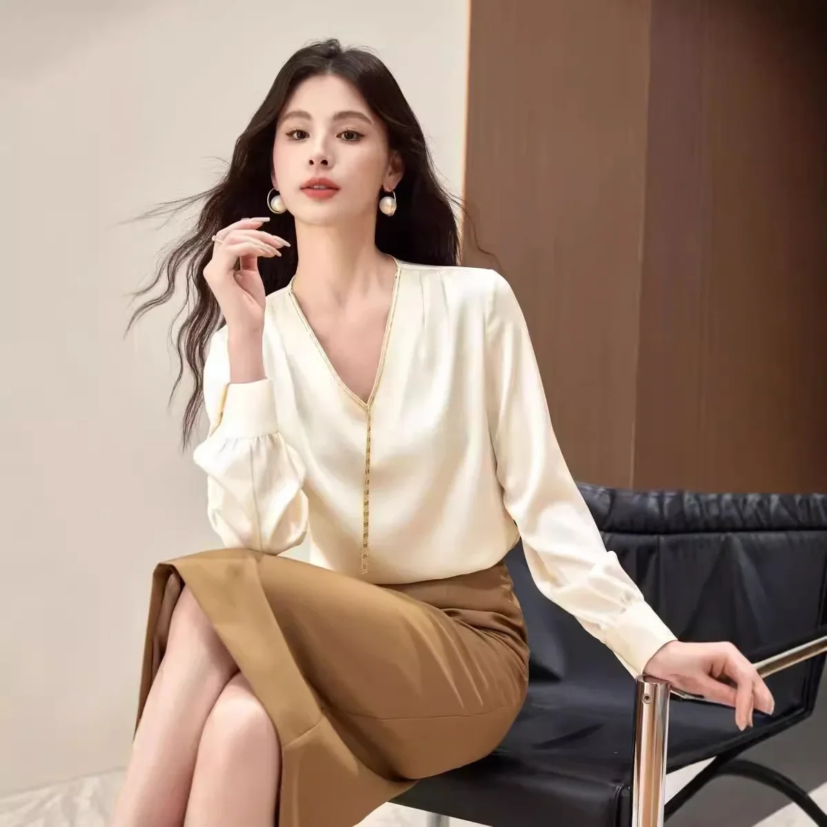 Элегантная шифоновая блузка с длинными рукавами для женщин осень 2024 Новое