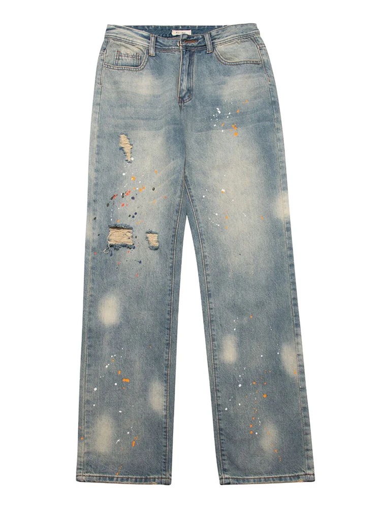 Four Seasons Men's Jeans Retro Street Ink Splattered Jeans Hole Knife Cut Straight Loose Pants Streetwear Men Ins Hot Sale JEANS