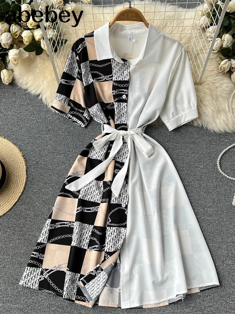

Women 2022 Print Blouses Dress French Elegant Short Sleeve Lace up A-line Vestidos Fashion Streetwear Long Robe