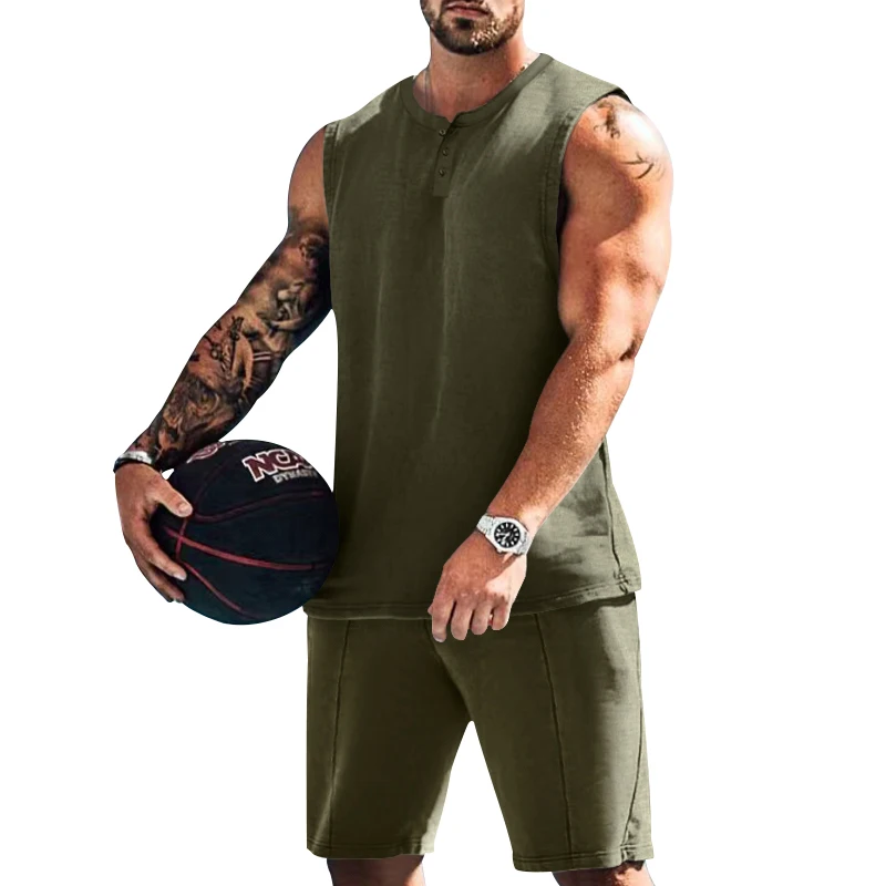 2023 Men's Set Round Neck Sleeveless Casual Top+Sports Drawstring Elastic Waist Fitness Shorts Boutique Two Piece Set
