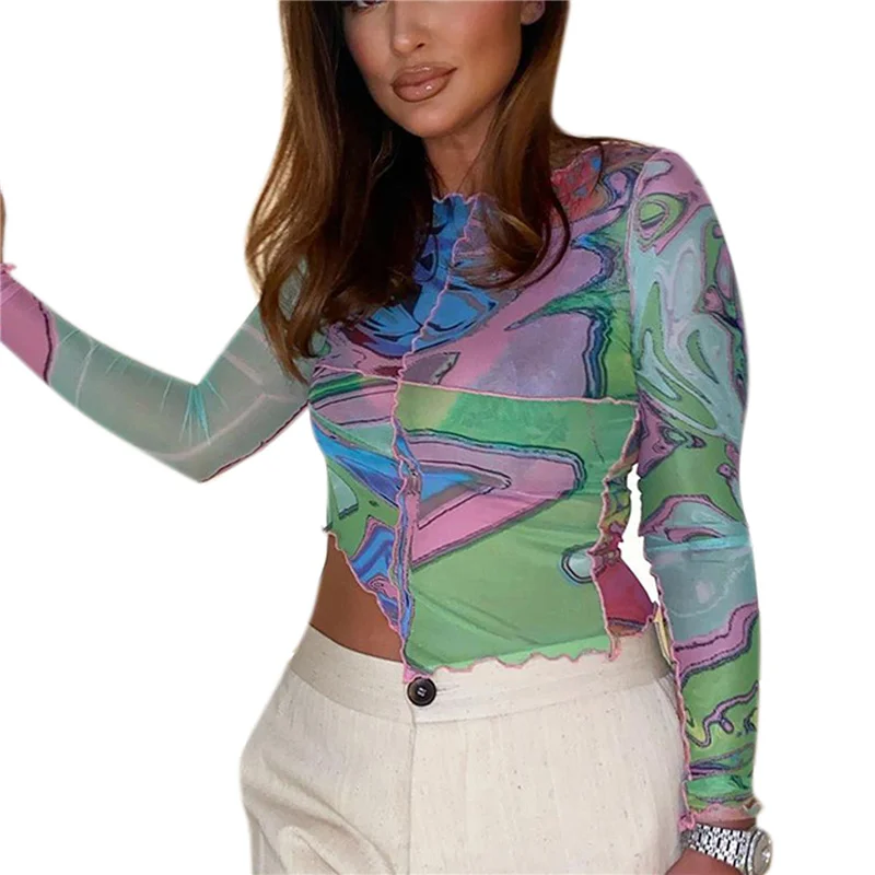 

Women Summer Autumn Long Sleeve T-shirts Crop Tops y2k Clothes See Through Slim Tees Clothing Sexy Club Streetwear