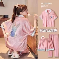 2022 new women pijama pink ice silk summer homesuit thin pajamas for ladies with shorts pants cartoon rabbit 3 pcs sleepwear