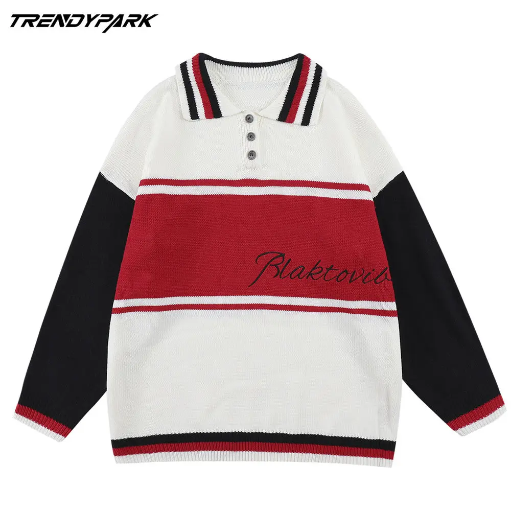 

Men's Pullovers Sweaters Patchwork Colors Embroidery Letters Knitted Streetwear Oversized Harajuku O Neck Knitwear Men Clothing