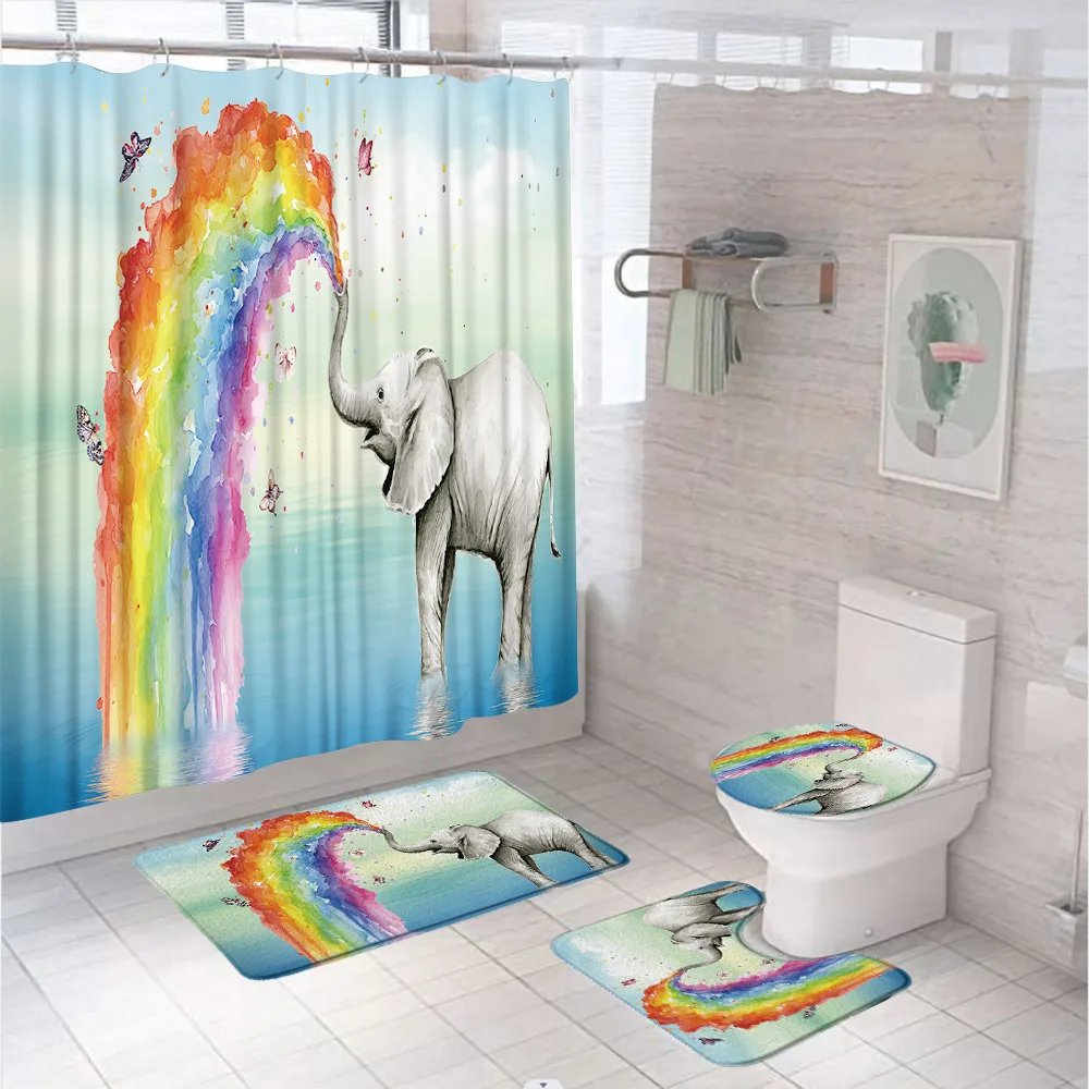 

4Pcs Elephant Watercolor Rainbow Butterfly Shower Curtain Bath Mat Set Animal Bohemia Bathroom Screen Toilet Cover Anti-slip Rug