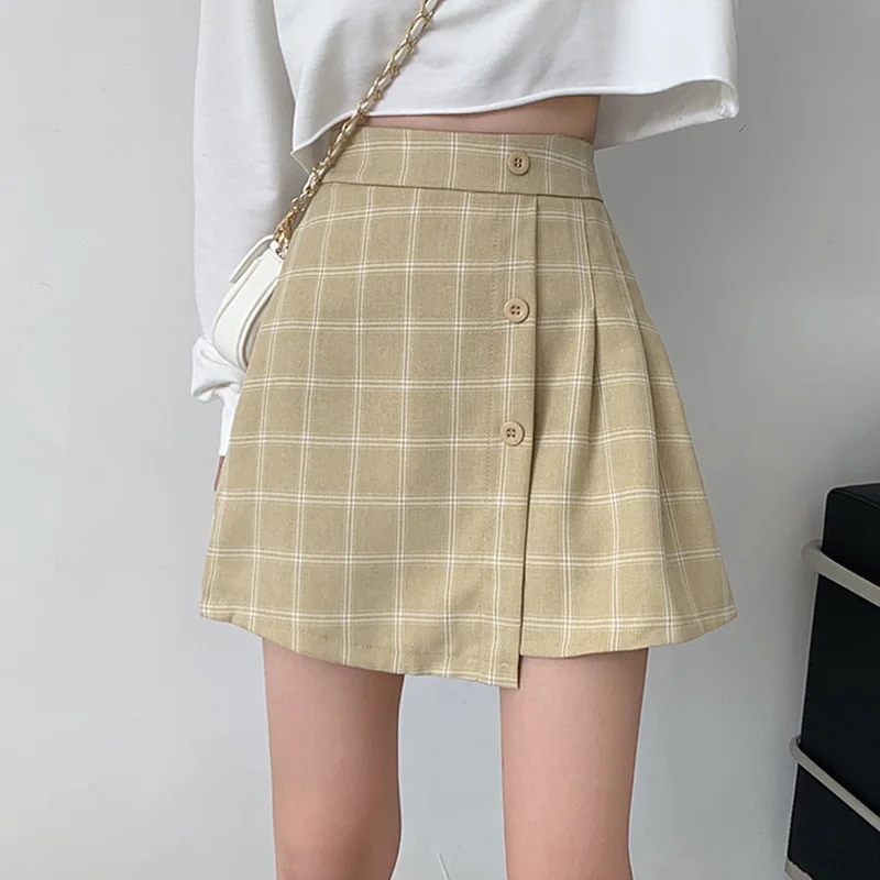 

Mini Skirts Women Summer A Line High Waist Slim Faldas Cortas Mujer Casual Plaid Patchwork Folds Button Asymmetrical Jupe Femme