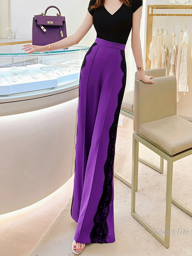 Black Lace Stitching Purple Pants Women's Wide-Leg Pants Summer 2023 New Woman's High Waist All-Matching Straight Long Trousers