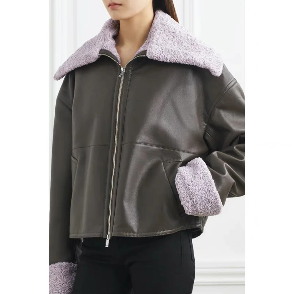 

Autumn/Winter '23 Faux Sheep's Wool and Eco Leather Patchwork Jacket Jacket Straight Silhouette Fashionable Leather Jacket