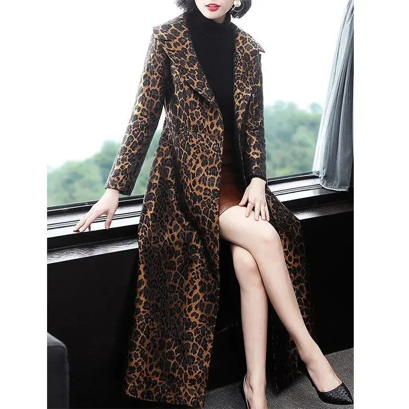 

Women's Trench Coat Leopard Long Sleeve Coat Spring Autumn Fashion Elegant Long Female Casual Windbreaker Long Coat Women