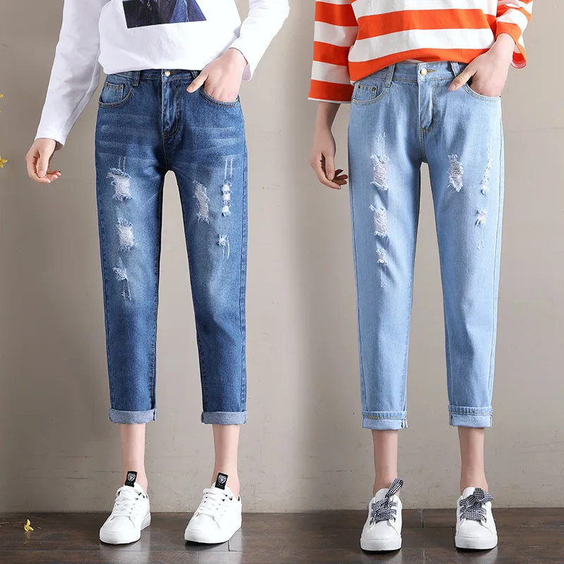 

New Women High Waist Elastic Ripped Jeans Design Slim Fit Straight Leg Pants Look Slim and Versatile Fashion Nine-point Pants