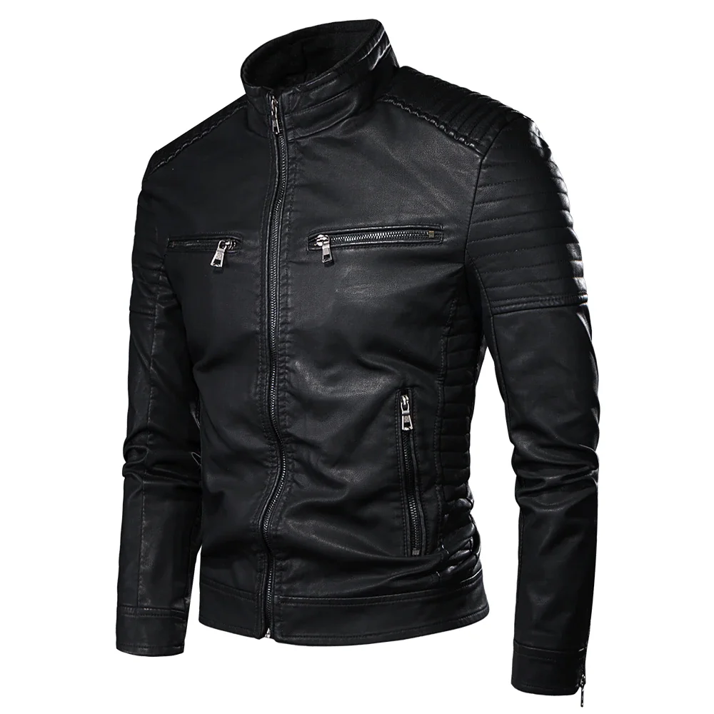 

Xfhh Men Spring New Motorcycle Causal Leather Jacket Coat Vintage Men Autumn Outfit Fashion Biker Pocket Design PU Leather