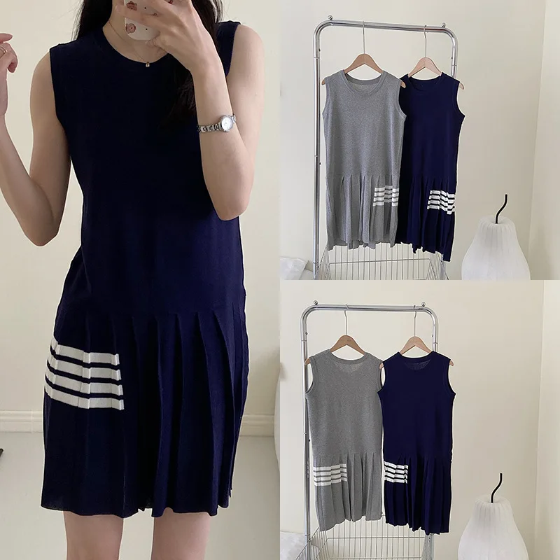

High Quality Korean Style TB Dress Summer Women's Ice Linen Dress Knitted Pleated Skirt