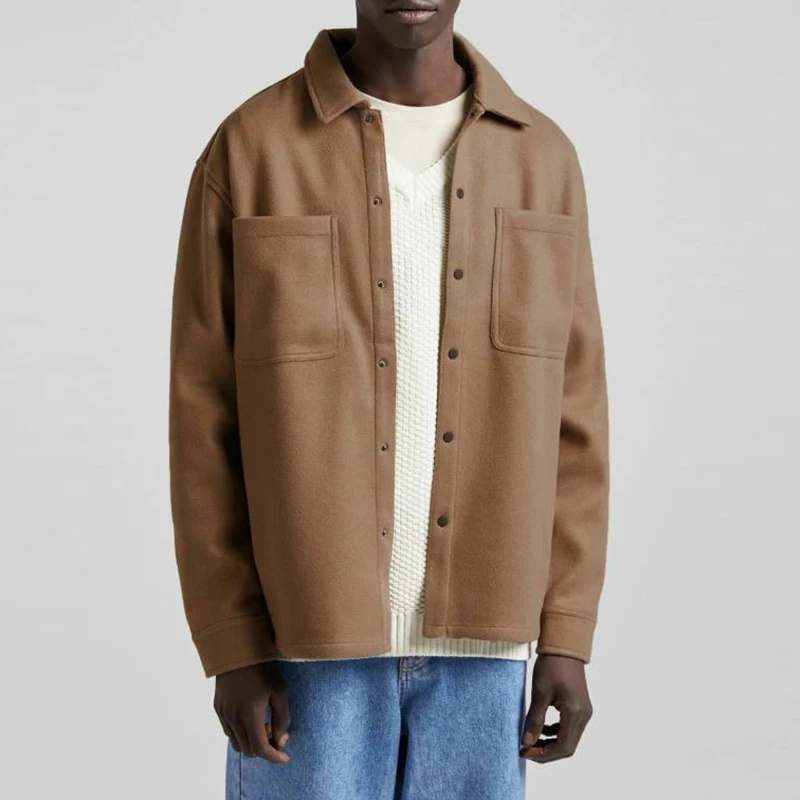 

Куртка мужская с длинным рукавом, повседневная однотонная приталенная бейсбольная форма, однобортное шерстяное пальто с отложным воротник...