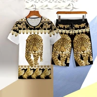 summer new mens t shirt casual suit sports jogging saudi leopard leopard pattern short sleeved shorts 2 piece set