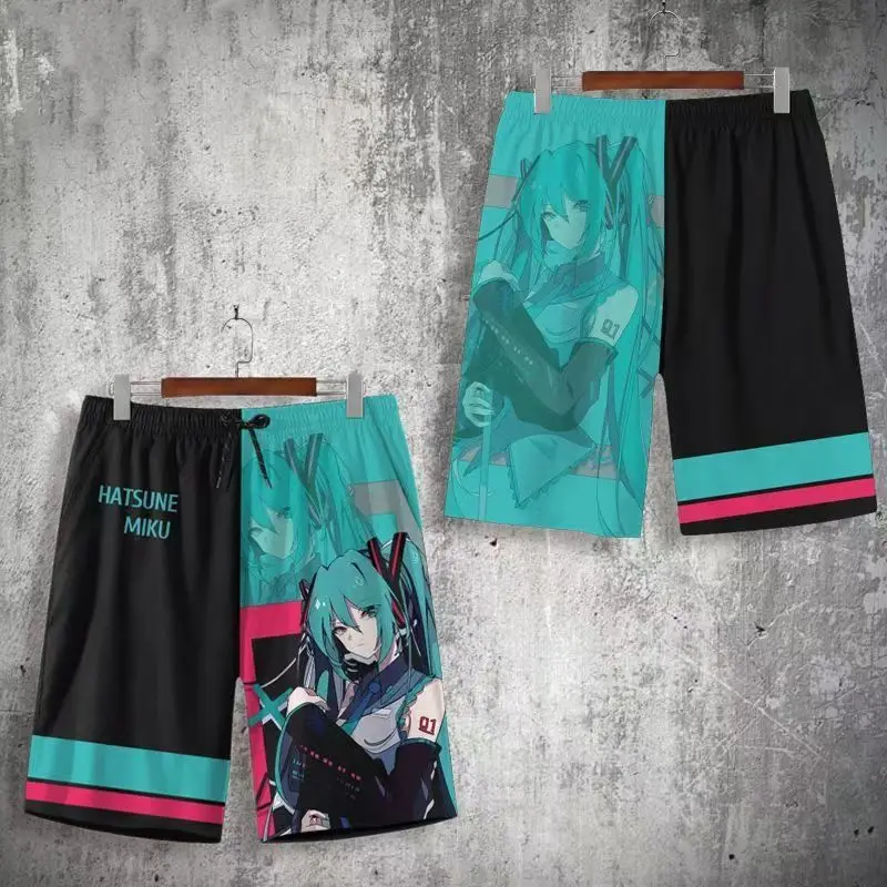Фото Шорты Hatsune Miku, модные брендовые брюки с 3D принтом в стиле аниме «пять четвертей», большие пляжные брюки, удобные и дышащие №1