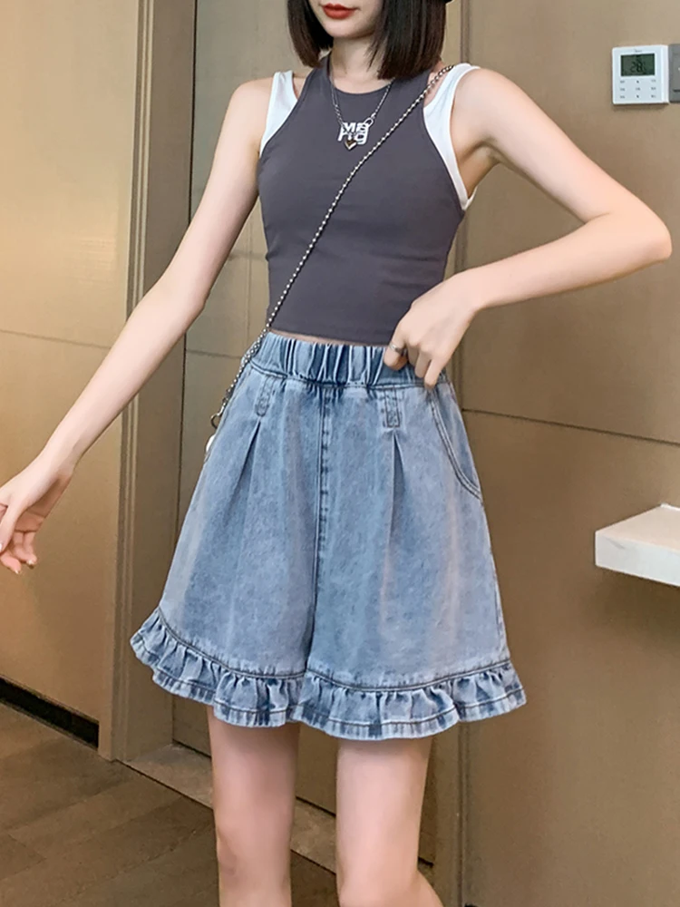 Streetwear Women Loose Ruffles Retro Denim Shorts Spring Summer Female Wide Leg Elastic Waist Jeans Shorts Bottoms