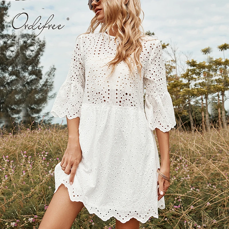 

Ordifree 2022 Summer Women Mini Dress Hollow Out White Lace Embroidery Loose Casual Tunic Beach Dress