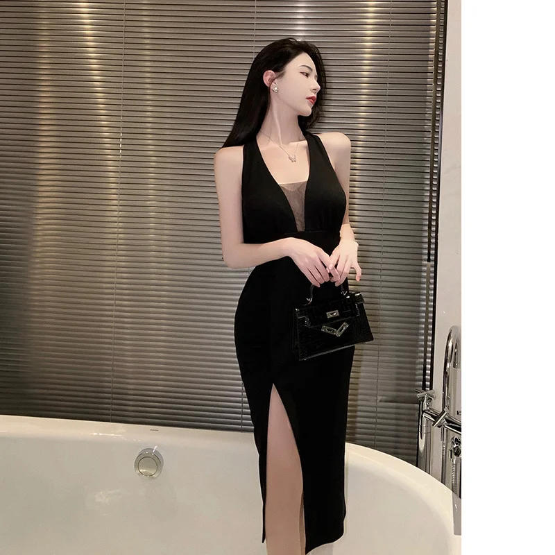 

Платье женское вечернее облегающее без рукавов с высокой талией и разрезом