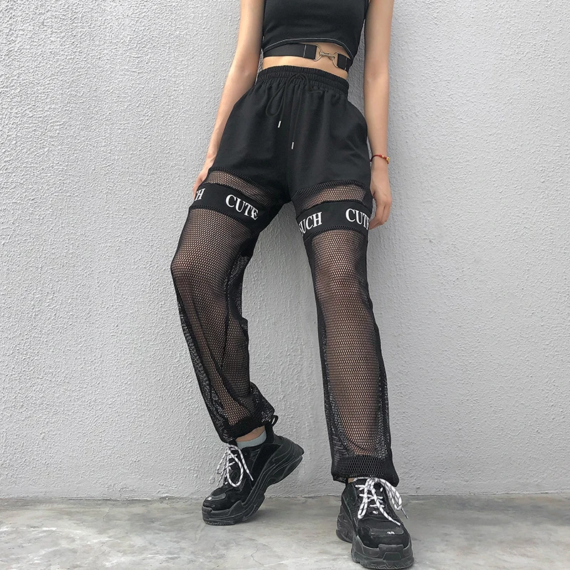

Harajuku Sweatpants Streetwear Loose Trousers Women Sport High Waist Pants Fishnet Patchwork Letter Hollow Out Mesh Pants Bottom