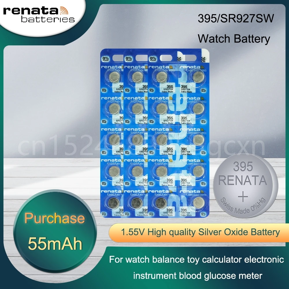 Аккумулятор для часов Renata 395 SR927SW AG7 LR927 LR57 399 SP395 LR927W 1,55 в, оксид серебра, Сделано в швейцарской пуговице