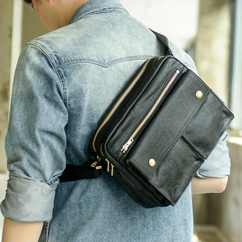 Simple casual men's first layer cowhide black messenger bag fashion high-quality real leather daily outdoor youth shoulder bag