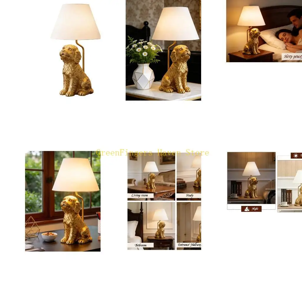 Фото F68D Настольная лампа Golden Retrievers с абажуром, красивый прикроватный светильник для гостиной, гостиных и прикроватной №1