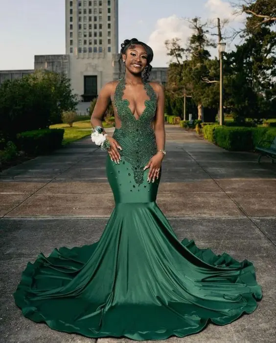

Hunter Green Crystal Beaded Prom Birthday Dresses Sheer mesh black gril mermaid evening occasion gown vestidos para mujer
