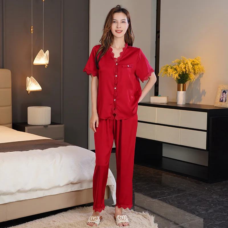 

Spring and summer of 2023 new home clothing comfortable, breathable casual short sleeve set solid color embroidery can wear paja