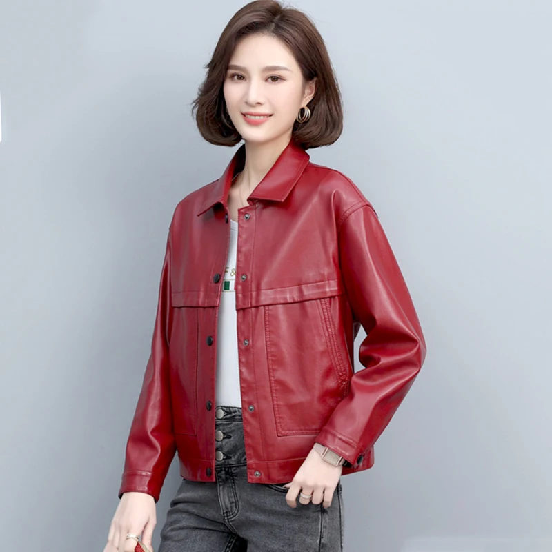 New Spring Autumn Women Casual Leather Jacket 2022 Ladies Turn-down Collar Single Breasted Moto Biker Sheepskin Coat Size M-5XL