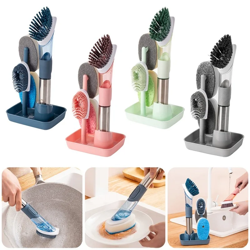 

4 Heads Double Use Kitchen Cleaning Brush Scrubber Dish Bowl Washing Sponge Automatic Liquid Dispenser Kitchen Pot Cleaning Tool