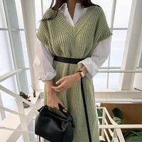 clothland women chic knitted two piece set lantern sleeve white shirt sleeveless vest casual office suit tz398