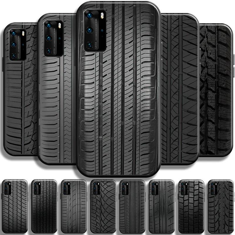 

Wheel Tyre Tread Stripe Black For Huawei P40 P40 Pro Lite 5G Phone Case Full Protection Liquid Silicon Carcasa Black Back Funda