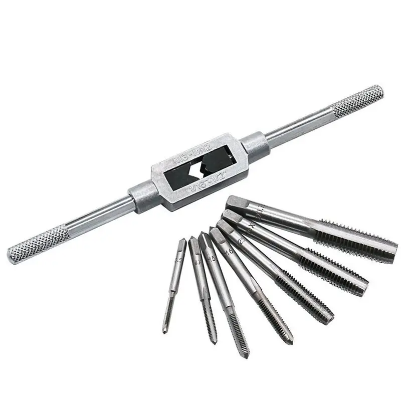 

8Pcs Thread Metric Machine Wrench Hand Screw Thread Plug Taps Set M3 M4 M5 M6 M8 M10 M12 With Adjustable Tap Wrench