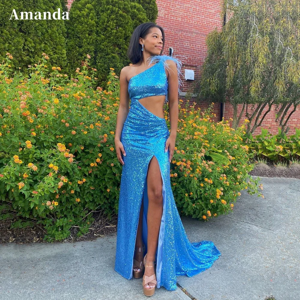 

Amanda Sapphire Blue Evening Dress Glitter Mermaid Prom Dress 2023 Sexy One Feather Shoulder Party Dress فساتين مناسبة رسمية