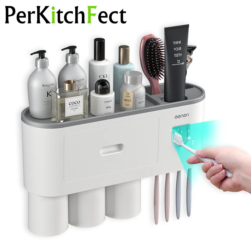 

Wall-mounted Toothbrush Holder Storage Rack Automatic Toothpaste Squeezer Dispenser No Drilling Bathroom Accessories Home