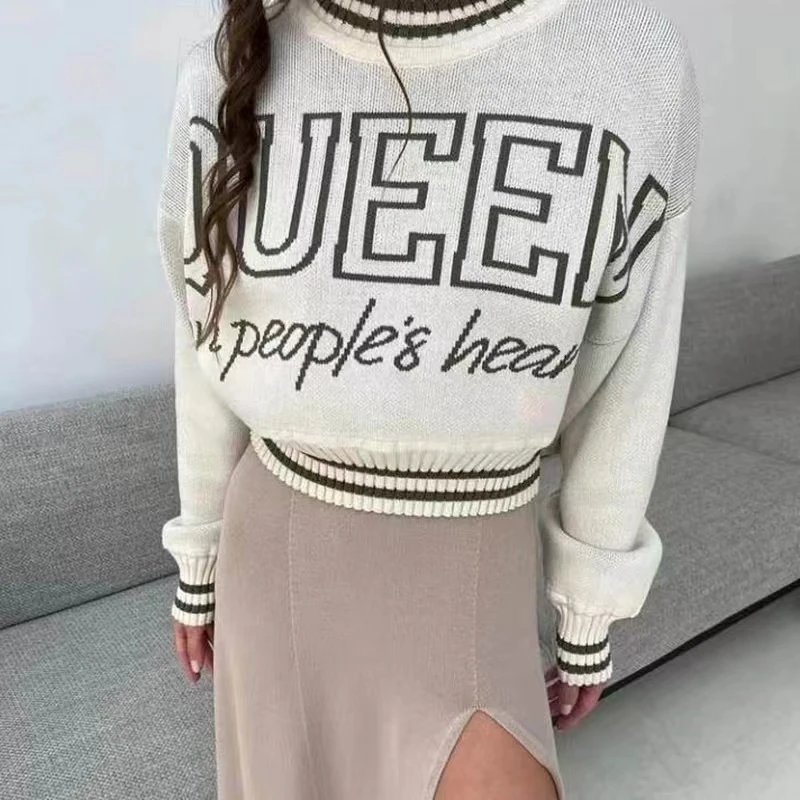 

American letter jacquard o neck pullovers knitted sweater women crop top sexy elegant long sleeve autumn winter jumper