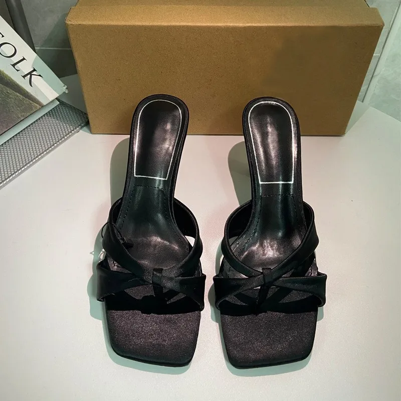 Womens Slippers 2023 Summer Fashion Silk High Heel Sandals Female Squared Toes Slippers Outwear Sexy Ladies Pumps Size 42