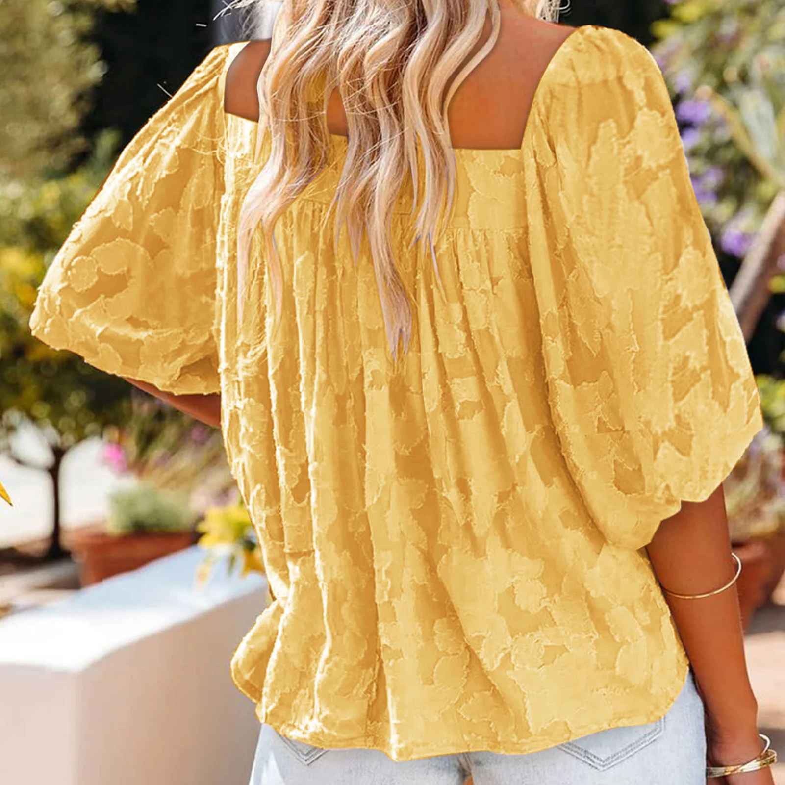 

Women Flowy Shirt Lantern Sleeve Square Neck Summer Tops Fashion All-match Commuting Style Floral Texture for Female Relaxed-Fit