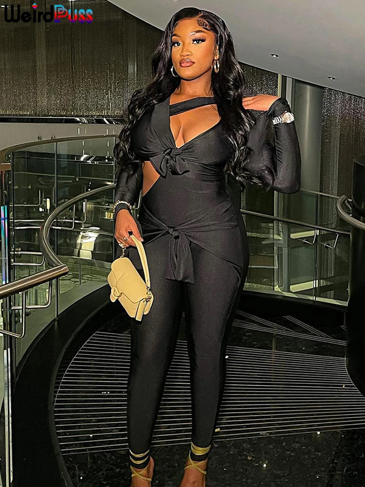 

Женский комбинезон с бантом, с косым воротником и длинным рукавом