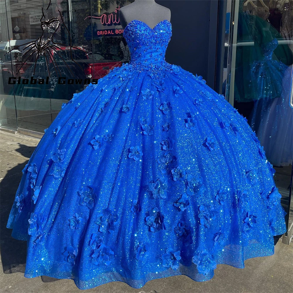 

Cinderella Mexico Royal Blue Sweetheart Ball Gown Quinceanera Dresses Hand Made Flowers Beaded Birthday Party Dress Vestido De