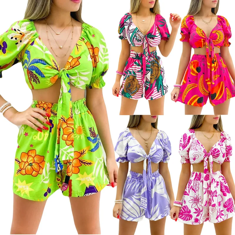 

Summer Two Piece Set Women Fashion Print V-neck Puff Sleeves Lace-up Tops Pants Suits Casual Two Piece Set Women