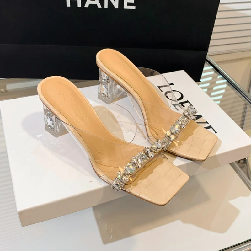 

Women Chunky PVC Slippers Fad Crystal High Heels Shoes 2022 New Summer Sexy Pumps Slides Transparent Dress Party Women Sandals