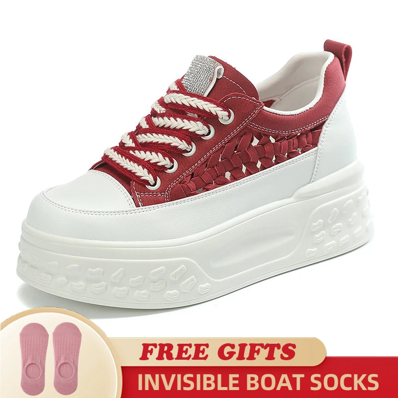 7cm 2023 Hollow Weave Design Genuine Leather Women Casual Summer Platform Wedge Chunky Sneakers Vulcanize Breathable Shoes
